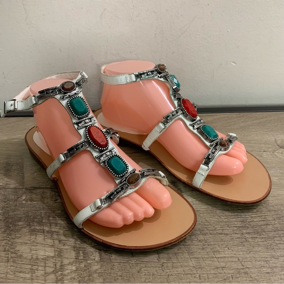 Women's BCBGeneration White Leather JEWELED GEMSTONE Strappy GLADIATOR SANDALS - Picture 2 of 8